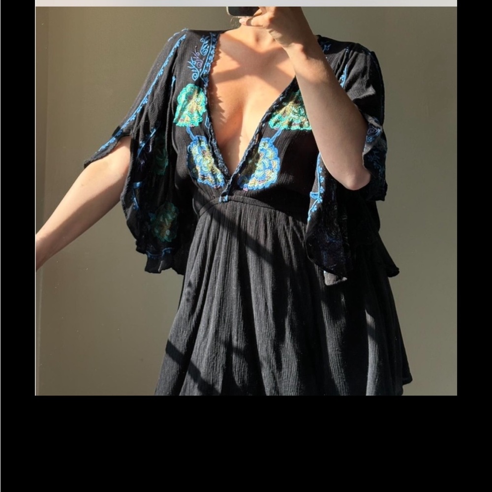 Free People Black Mini Dress with Blue-Green Floral Embroidery